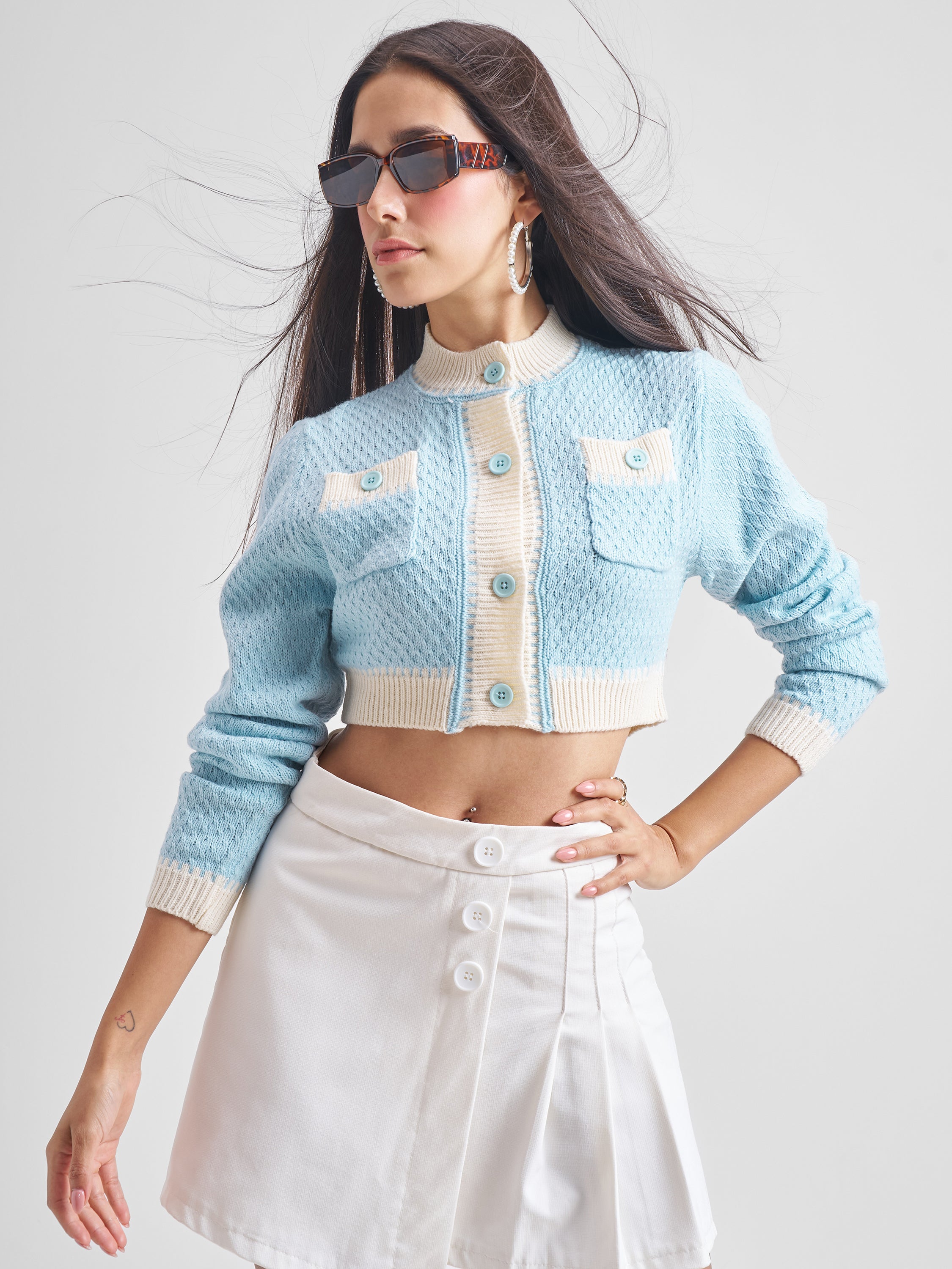 Tokyo Talkies Women Blue Round Neck Cable Knit Sweater - Blue - Image 1