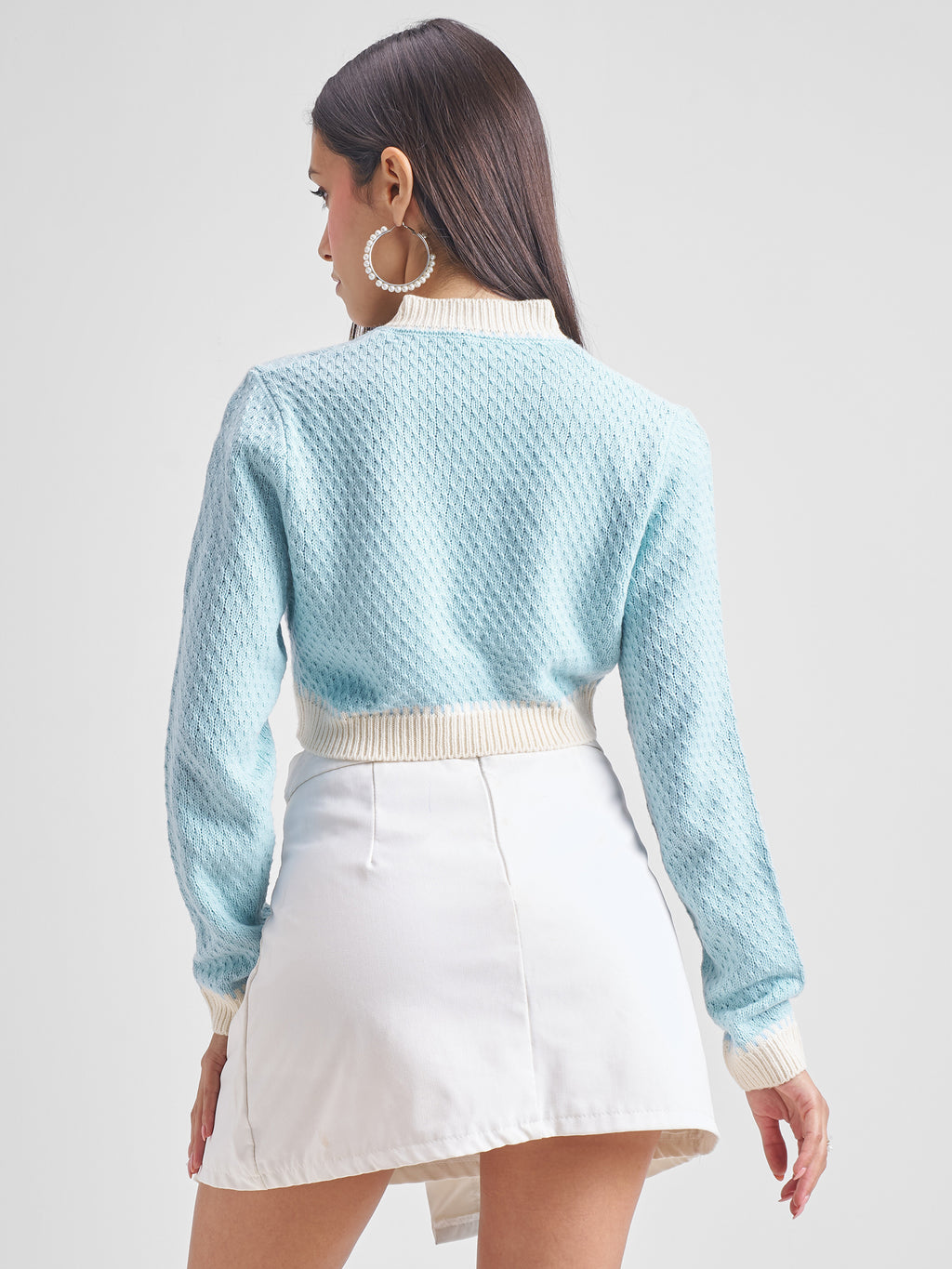 Tokyo Talkies Women Blue Round Neck Cable Knit Sweater - Blue - Image 3