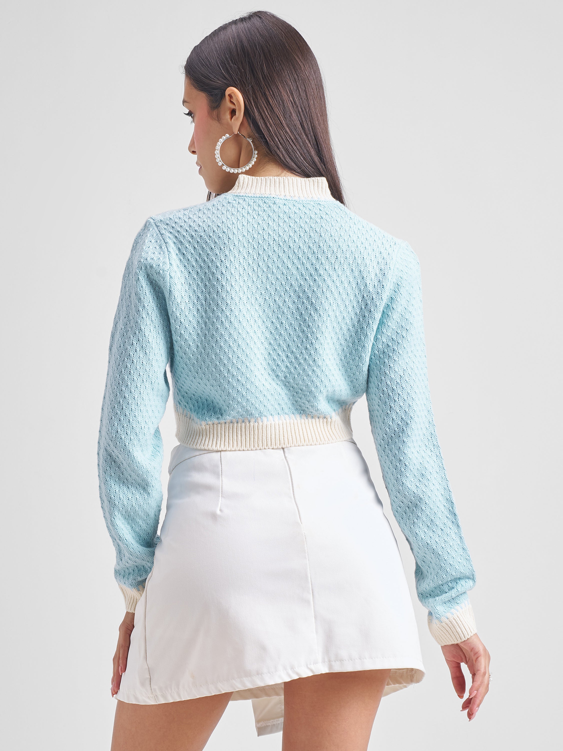 Tokyo Talkies Women Blue Round Neck Cable Knit Sweater - Blue - Image 3