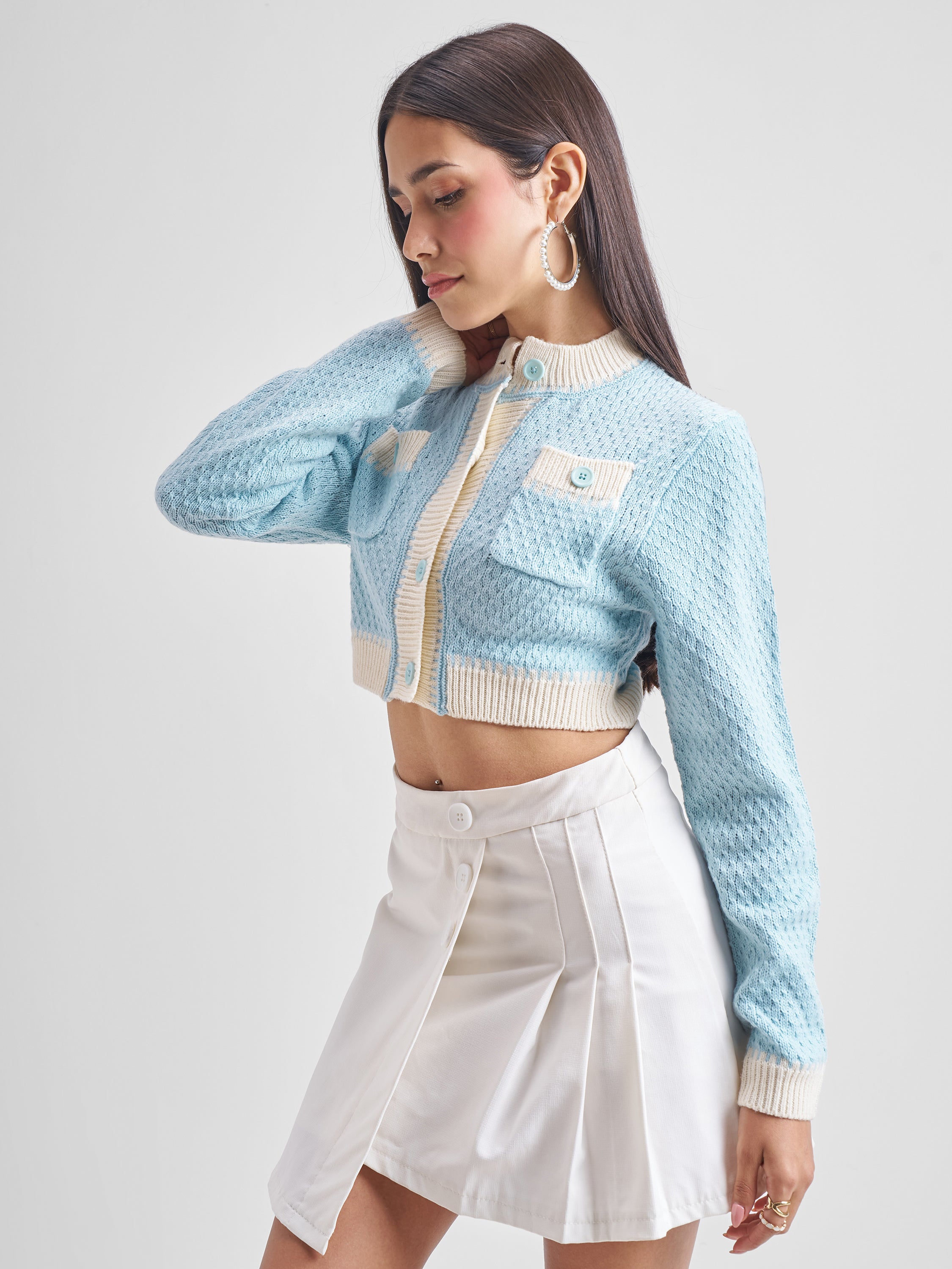 Tokyo Talkies Women Blue Round Neck Cable Knit Sweater - Blue - Image 4