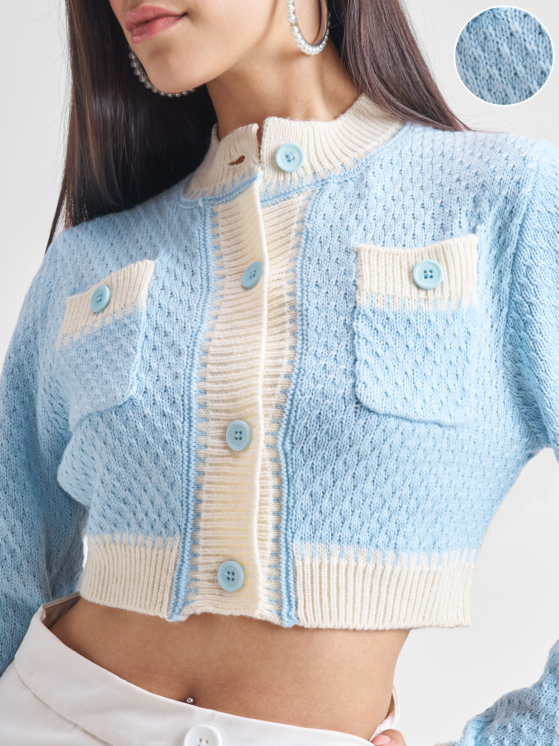 Tokyo Talkies Women Blue Round Neck Cable Knit Sweater - Blue - Image 5