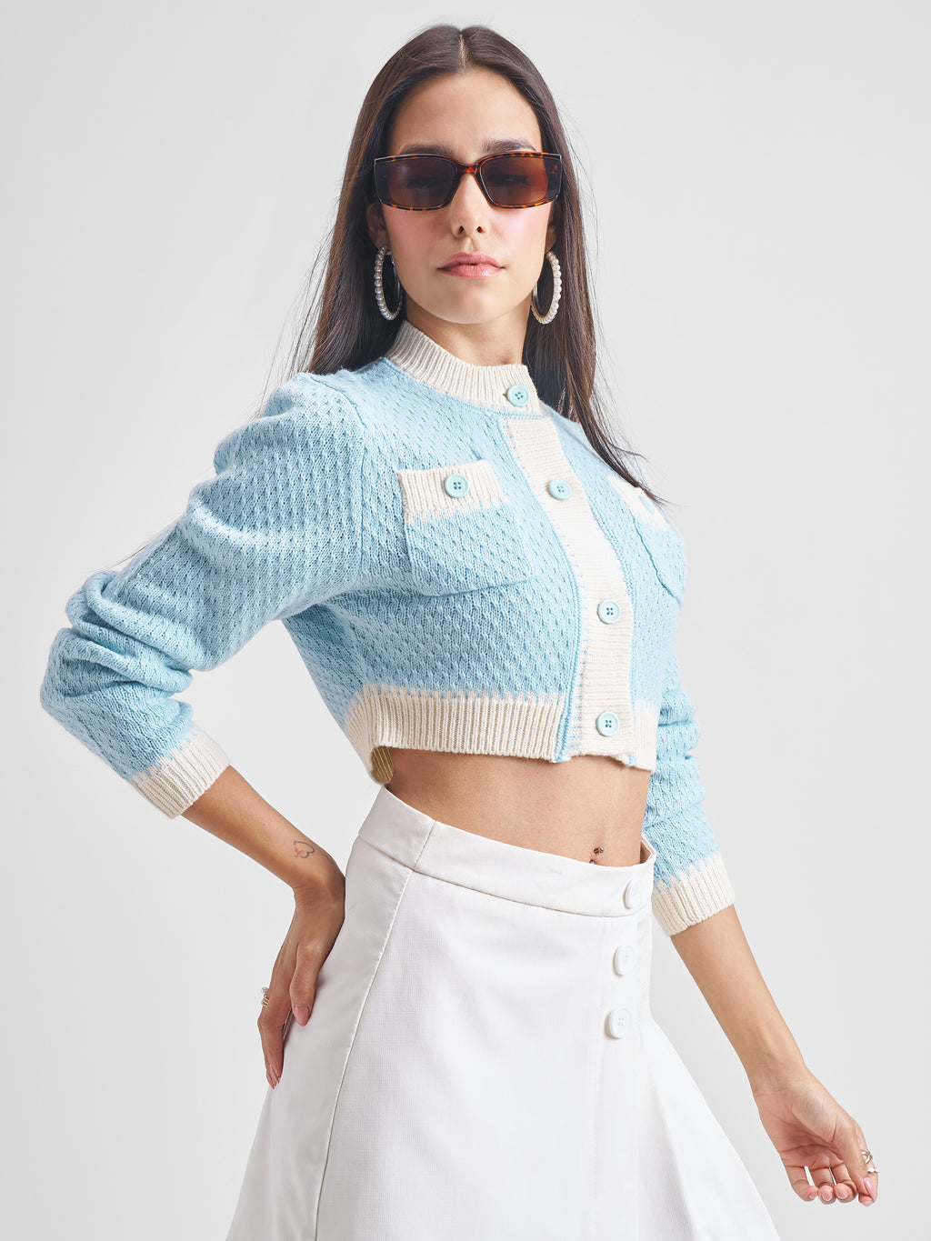 Tokyo Talkies Women Blue Round Neck Cable Knit Sweater - Blue - Image 6