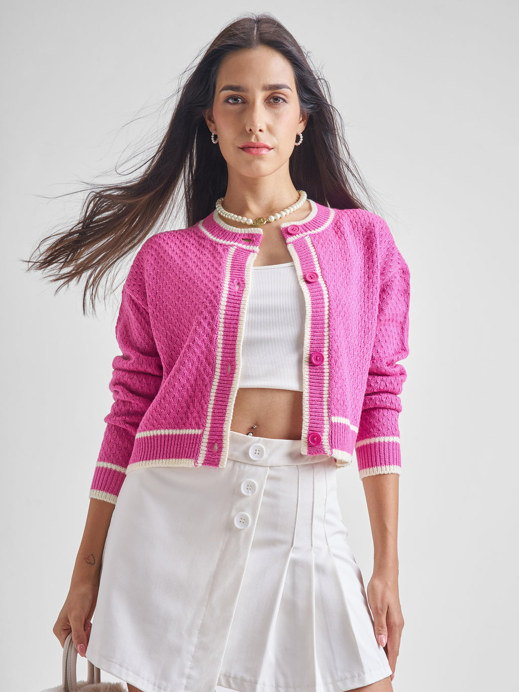 Tokyo Talkies Women Pink Round Neck Cable Knit Cropped Sweater - Pink - Image 1
