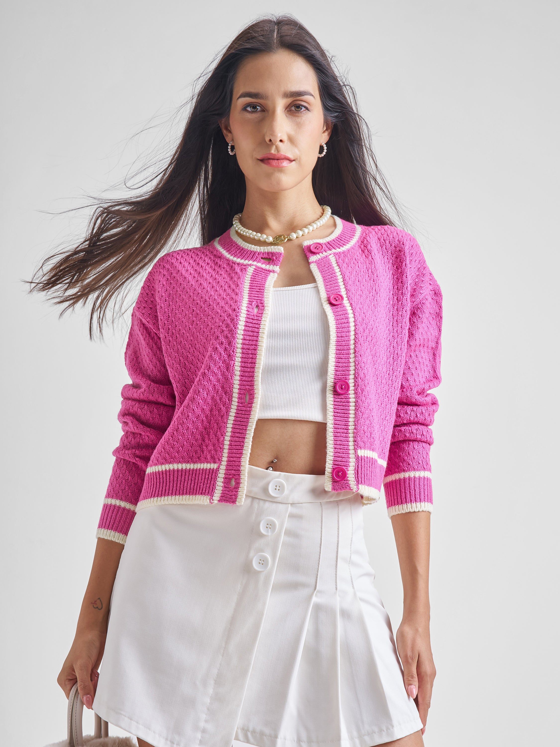 Tokyo Talkies Women Pink Round Neck Cable Knit Cropped Sweater - Pink - Image 1