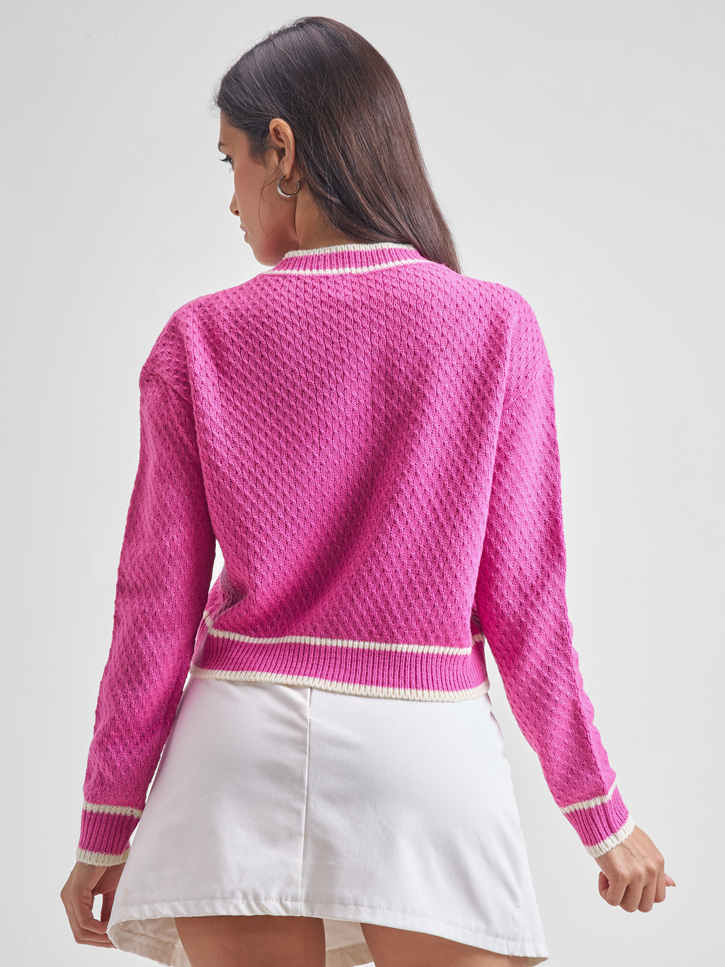 Tokyo Talkies Women Pink Round Neck Cable Knit Cropped Sweater - Pink - Image 3