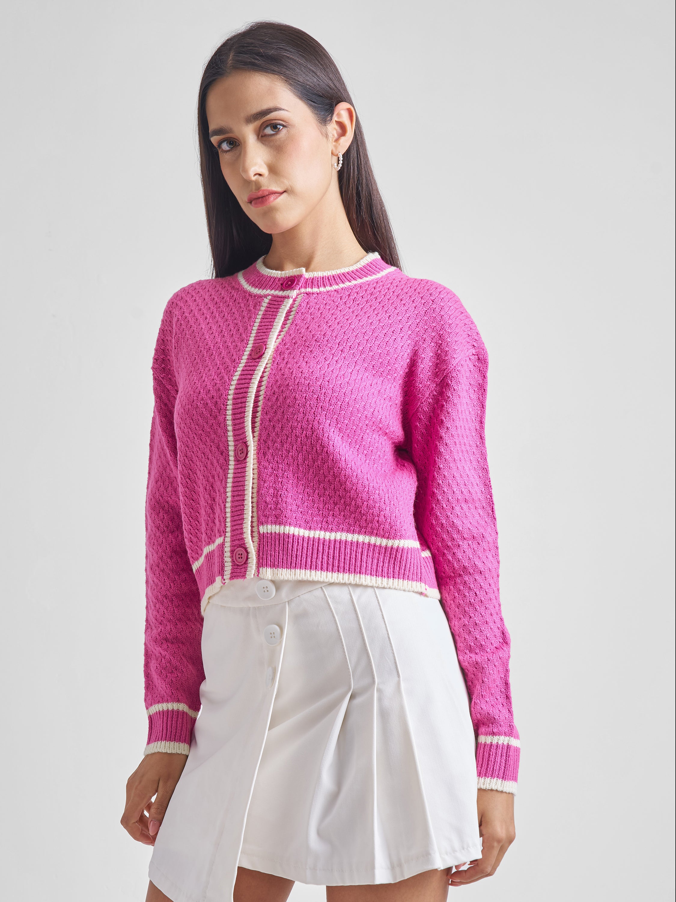 Tokyo Talkies Women Pink Round Neck Cable Knit Cropped Sweater - Pink - Image 4