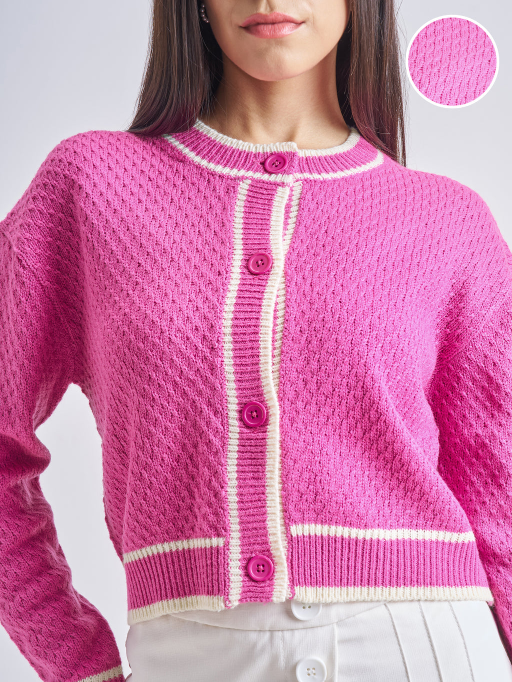 Tokyo Talkies Women Pink Round Neck Cable Knit Cropped Sweater - Pink - Image 5