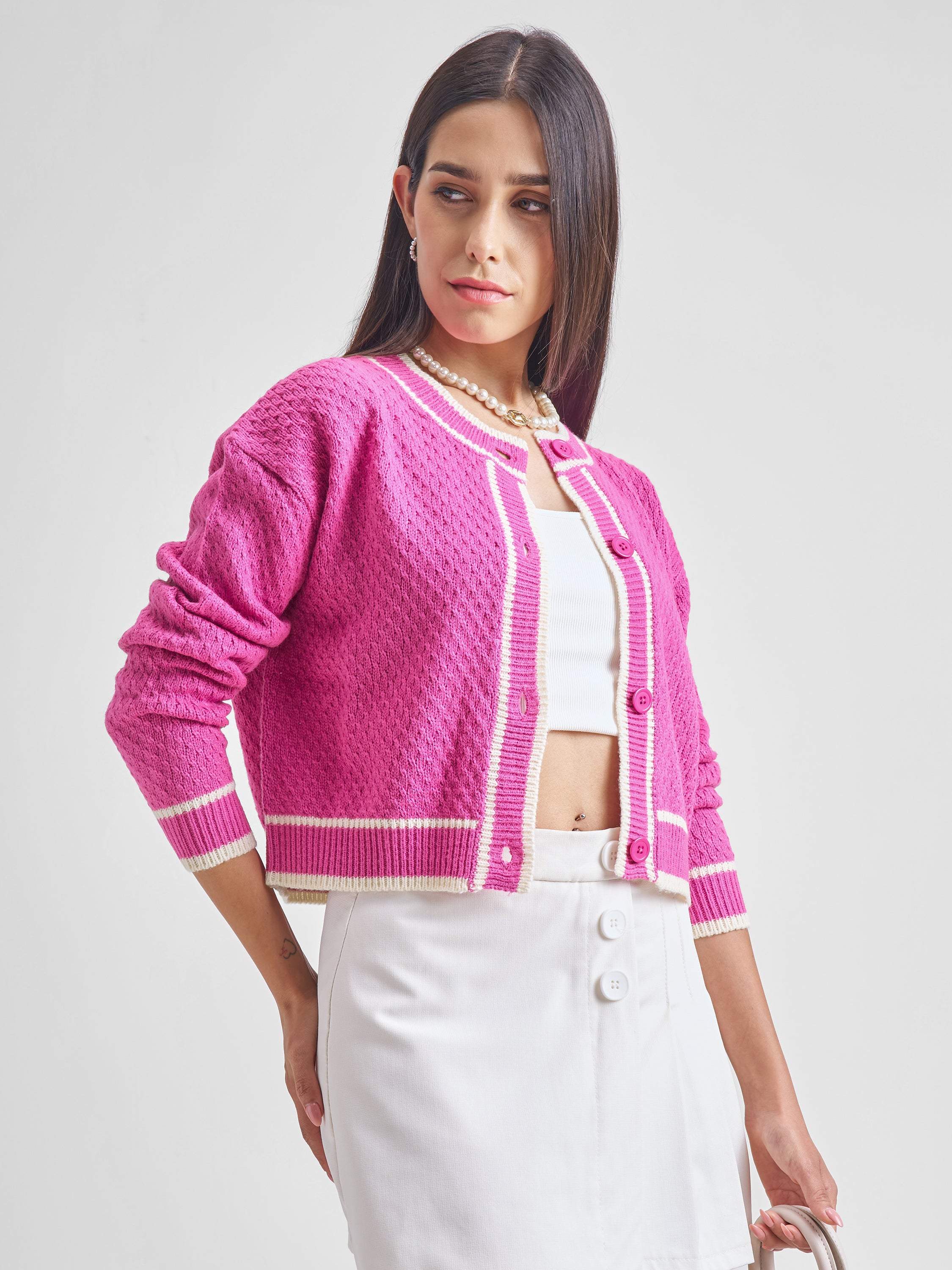 Tokyo Talkies Women Pink Round Neck Cable Knit Cropped Sweater - Pink - Image 6