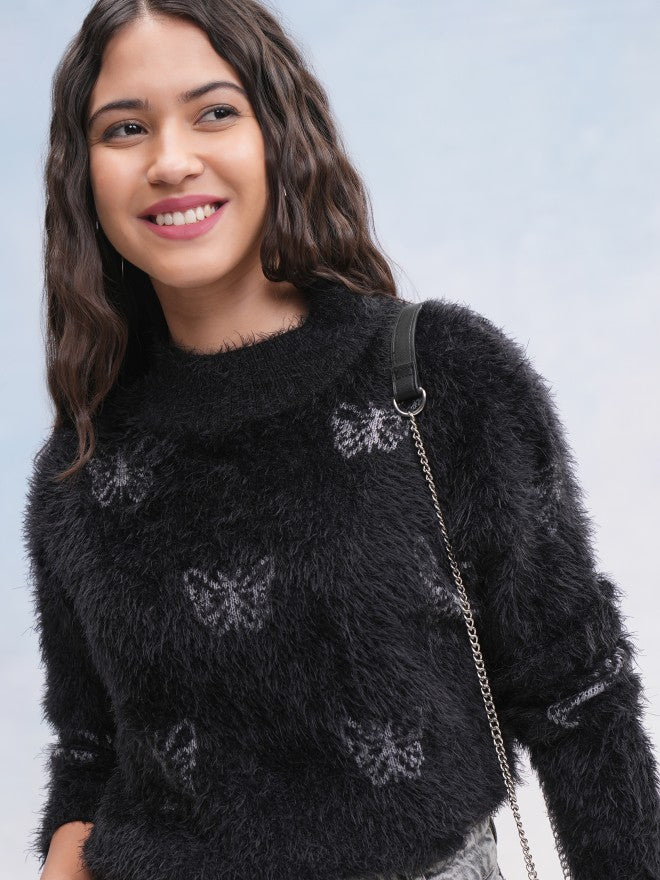 Tokyo Talkies Women Black Round Neck Sweater - Black - Image 1
