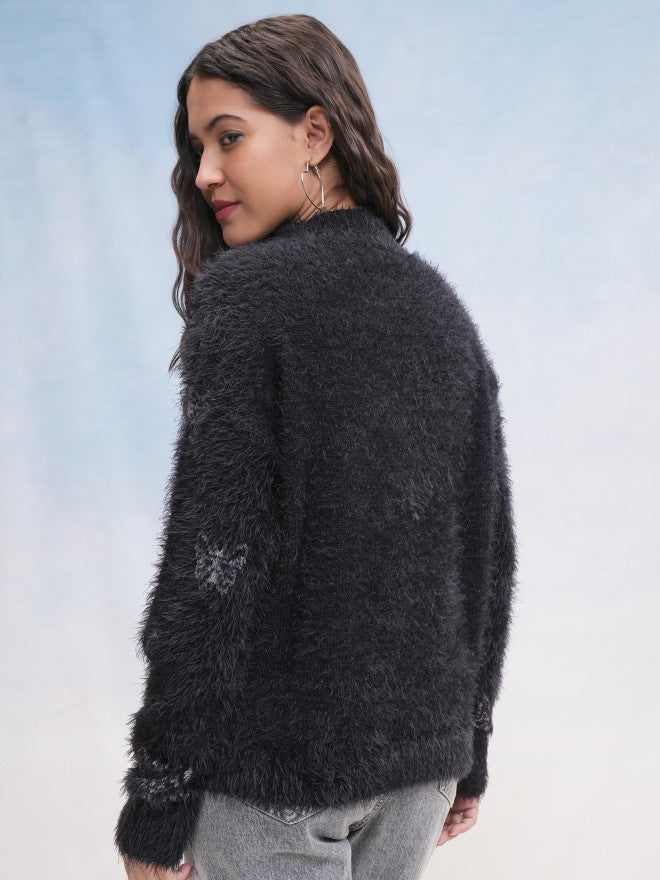 Tokyo Talkies Women Black Round Neck Sweater - Black - Image 3