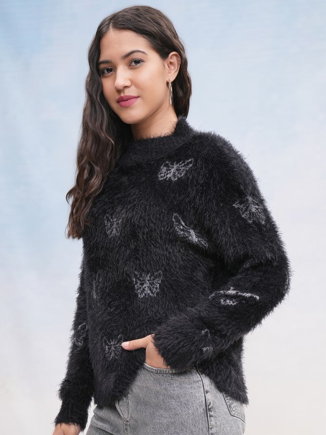 Tokyo Talkies Women Black Round Neck Sweater - Black - Image 4