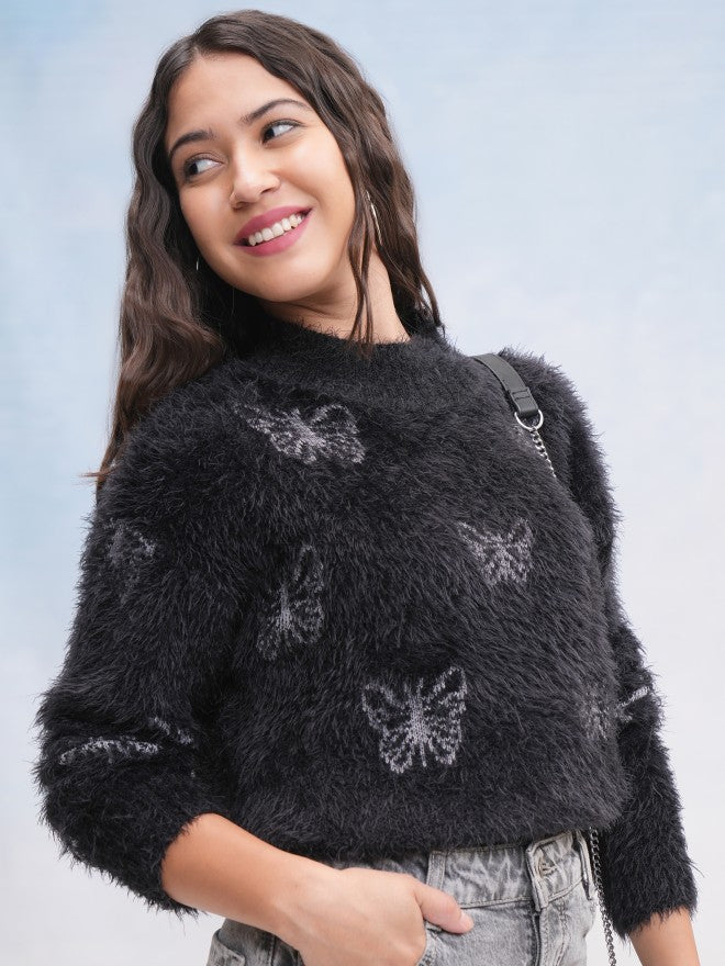 Tokyo Talkies Women Black Round Neck Sweater - Black - Image 6