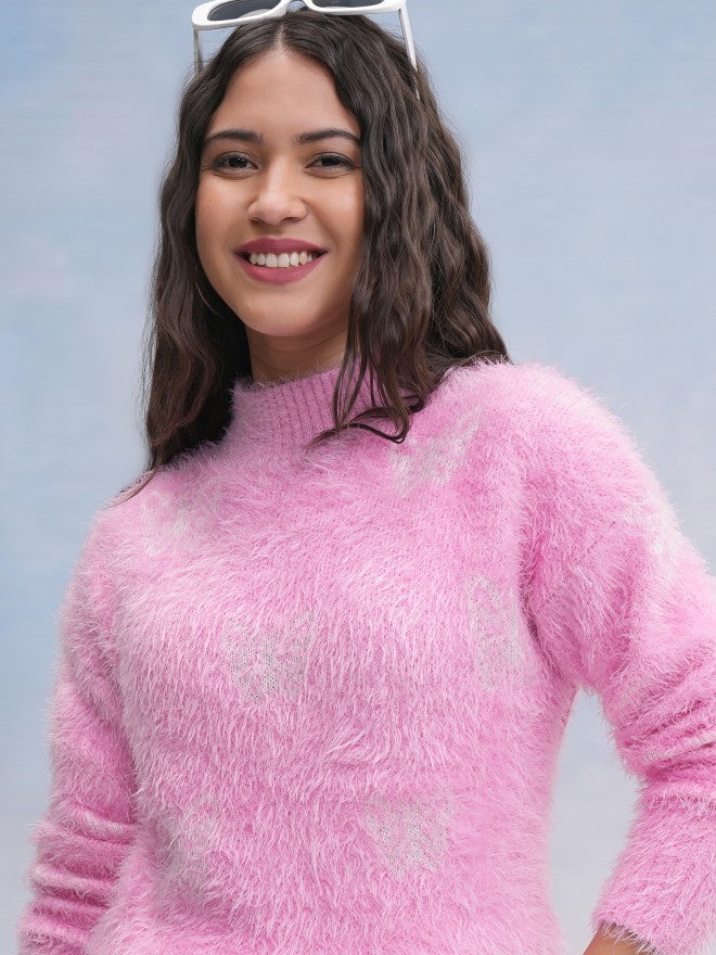 Tokyo Talkies Women Pink Round Neck Sweater - Pink - Image 1