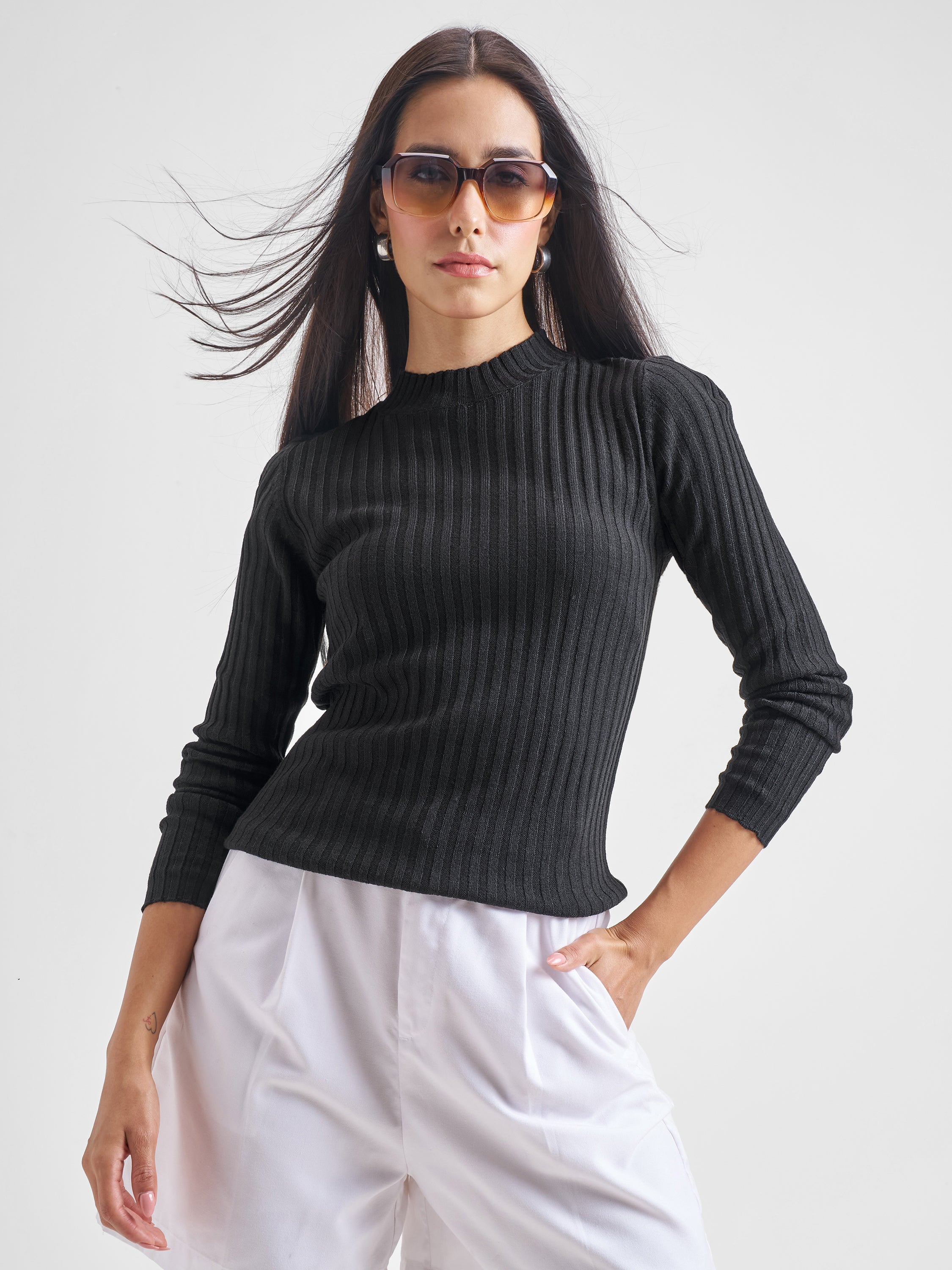 Tokyo Talkies Women Black Turtle Neck Sweater - Black - Image 1