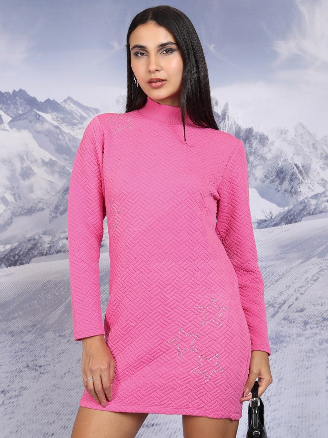 Tokyo Talkies Women Pink Self Design Sweater Dress - Pink - Image 1