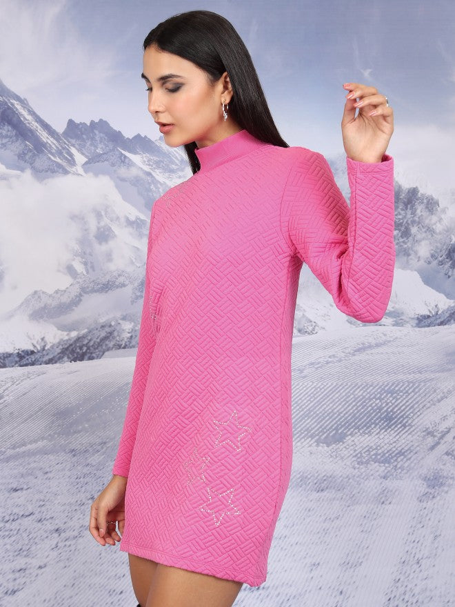 Tokyo Talkies Women Pink Self Design Sweater Dress - Pink - Image 4
