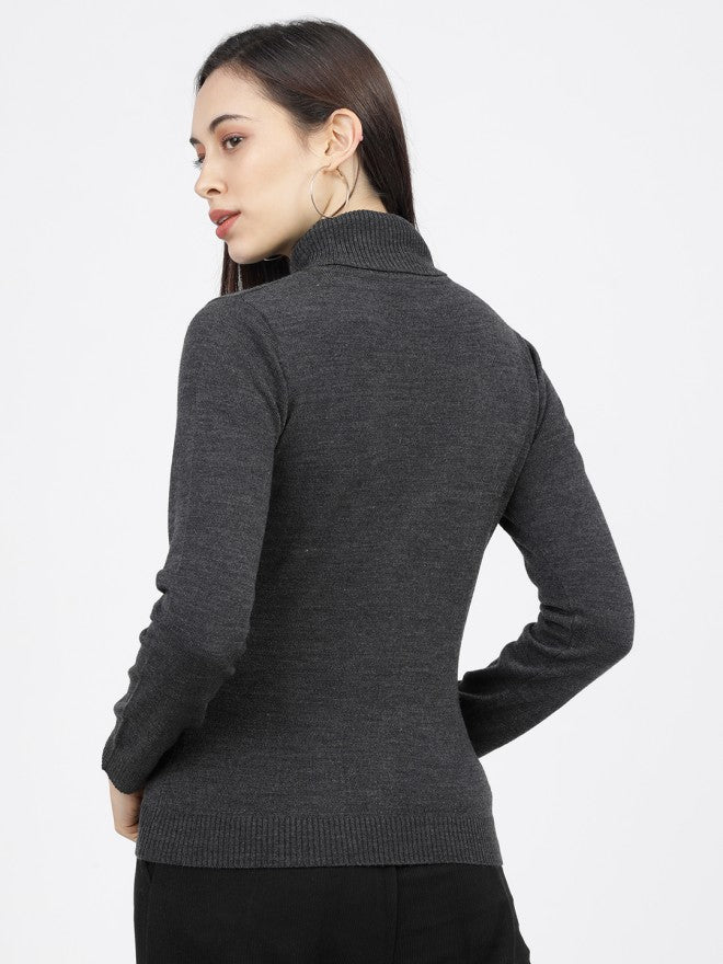 Tokyo Talkies Women Grey Turtle Neck Sweater - Grey - Image 2