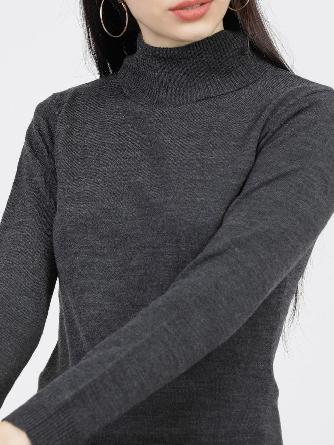 Tokyo Talkies Women Grey Turtle Neck Sweater - Grey - Image 3