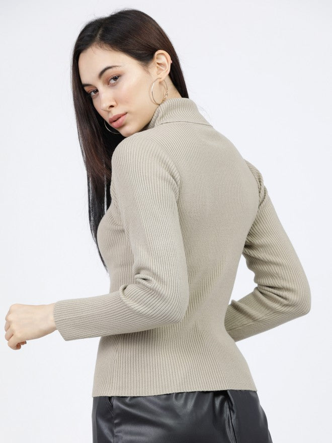 Tokyo Talkies Women Beige Turtle Neck Sweater - Beige - Image 2