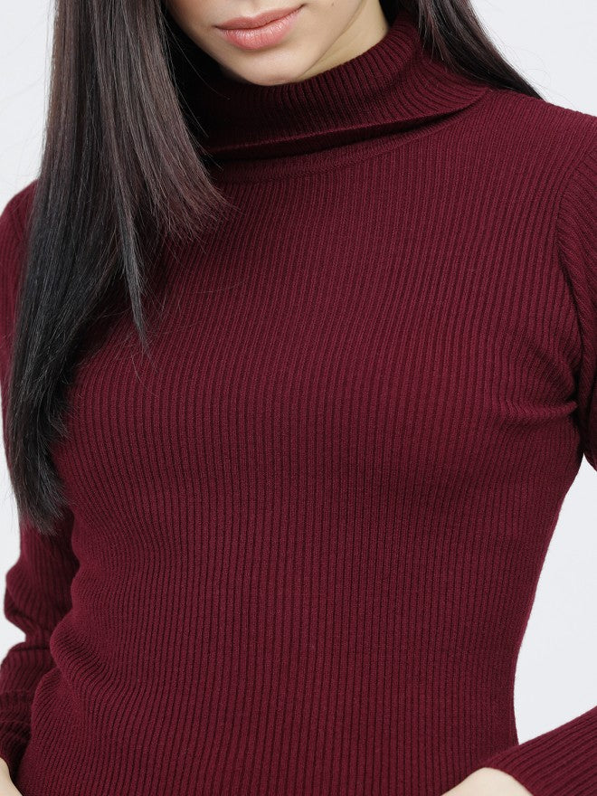Tokyo Talkies Women Burgundy Turtle Neck Sweater - Burgundy - Image 3