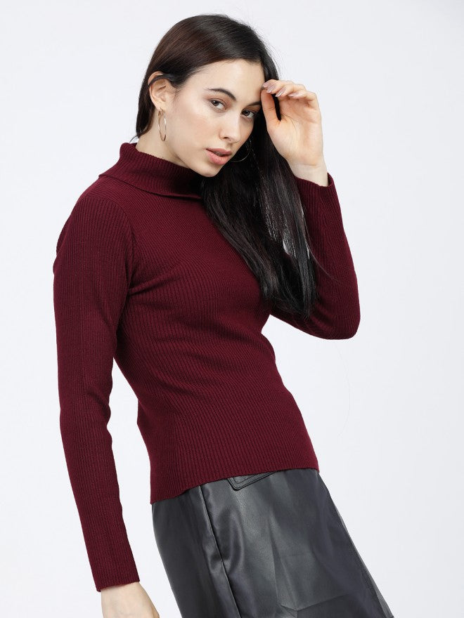 Tokyo Talkies Women Burgundy Turtle Neck Sweater - Burgundy - Image 5