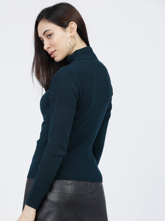 Tokyo Talkies Women Green Turtle Neck Sweater - Green - Image 2