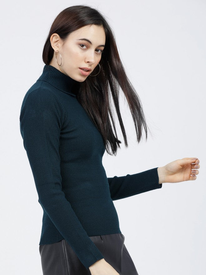 Tokyo Talkies Women Green Turtle Neck Sweater - Green - Image 5