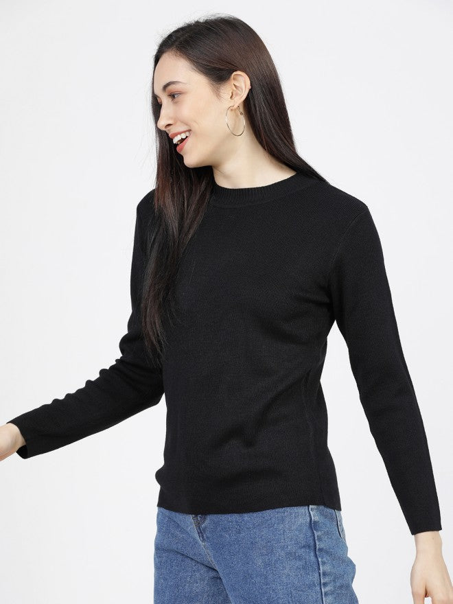 Tokyo Talkies Women Black Henley Neck Sweater - Black - Image 1