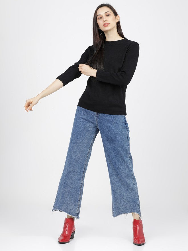 Tokyo Talkies Women Black Henley Neck Sweater - Black - Image 4