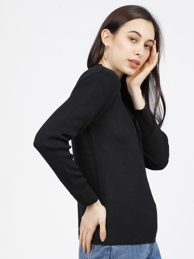 Tokyo Talkies Women Black Henley Neck Sweater - Black - Image 5
