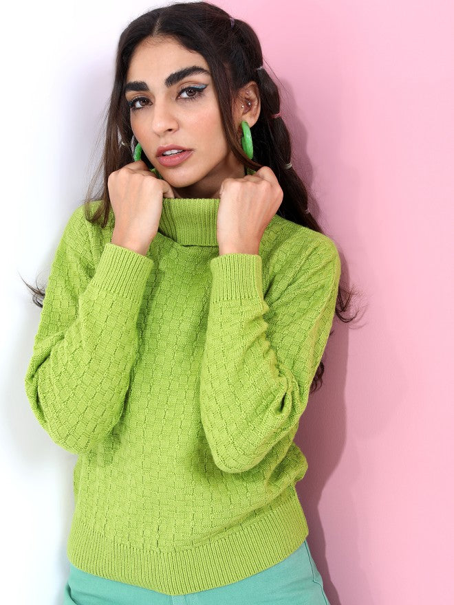 Tokyo Talkies Women Green Round Neck Sweater - Green - Image 3