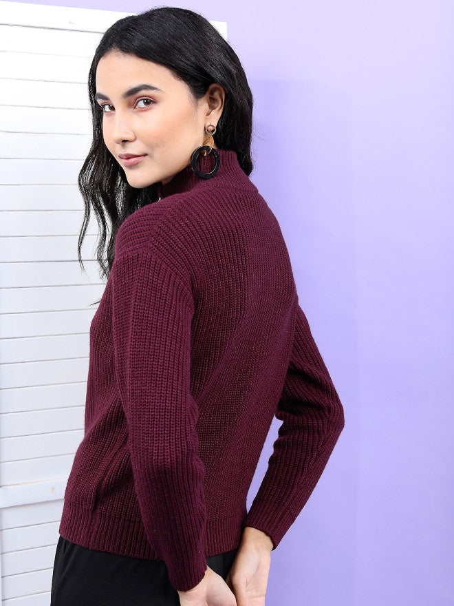 Tokyo Talkies Women Maroon Round Neck Sweater - Maroon - Image 2