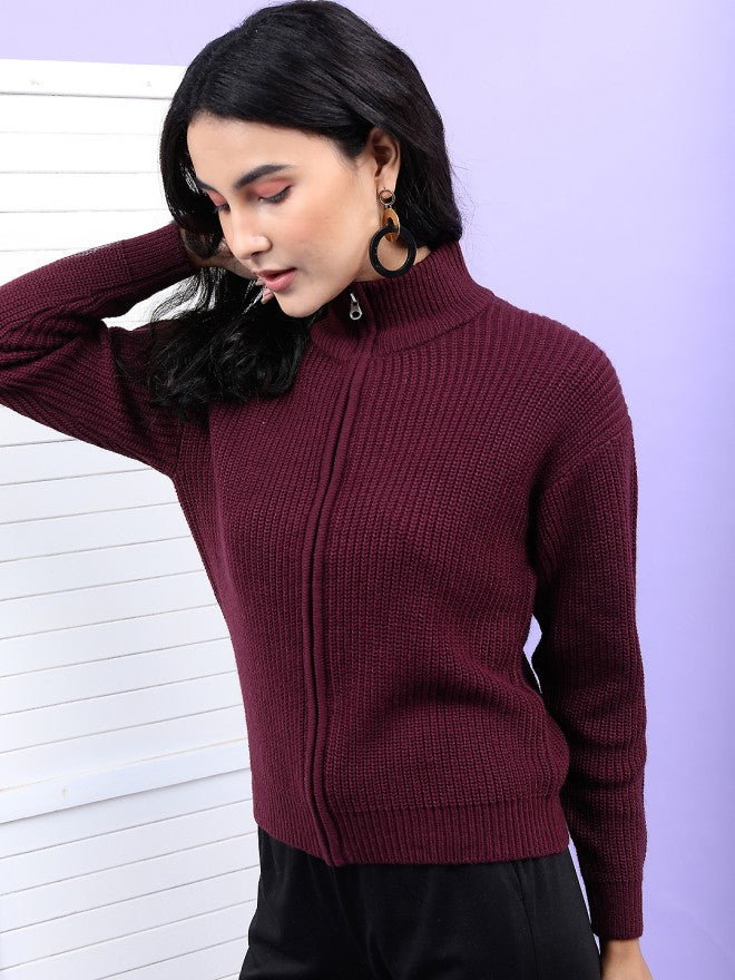 Tokyo Talkies Women Maroon Round Neck Sweater - Maroon - Image 3