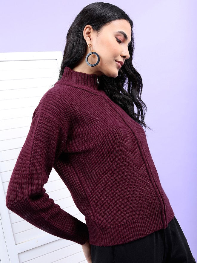 Tokyo Talkies Women Maroon Round Neck Sweater - Maroon - Image 4