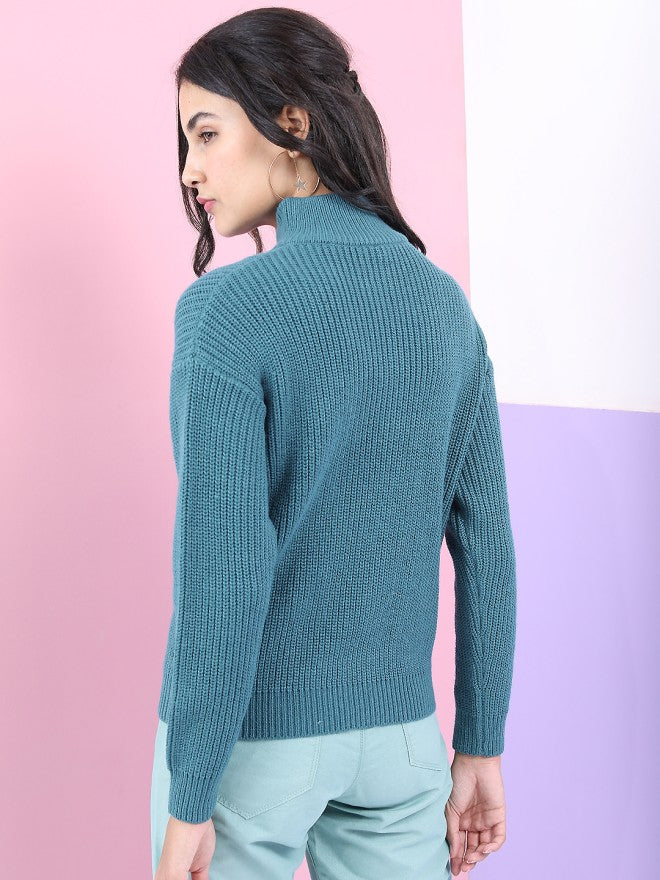 Tokyo Talkies Women Teal Round Neck Sweater - Teal - Image 2