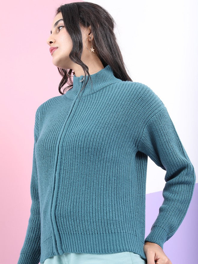 Tokyo Talkies Women Teal Round Neck Sweater - Teal - Image 3