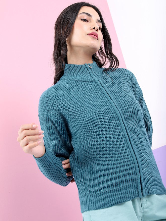Tokyo Talkies Women Teal Round Neck Sweater - Teal - Image 4