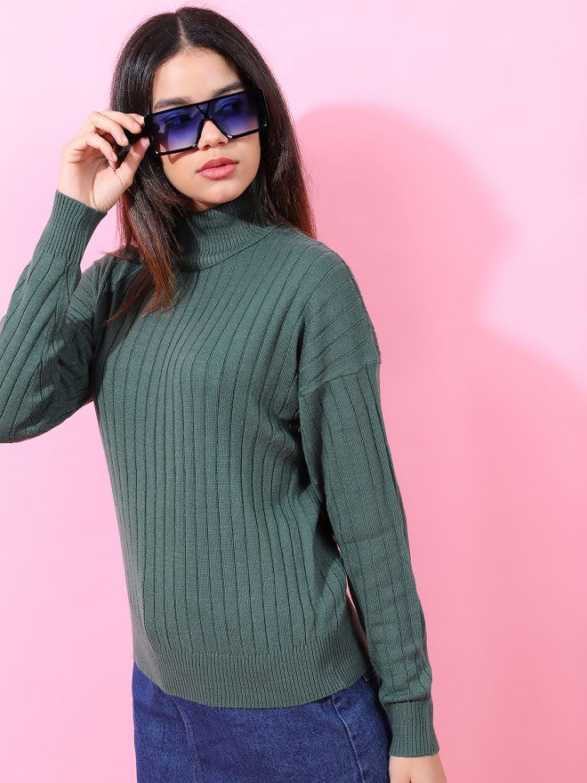 Tokyo Talkies Women Green Round Neck Sweater - Green - Image 3