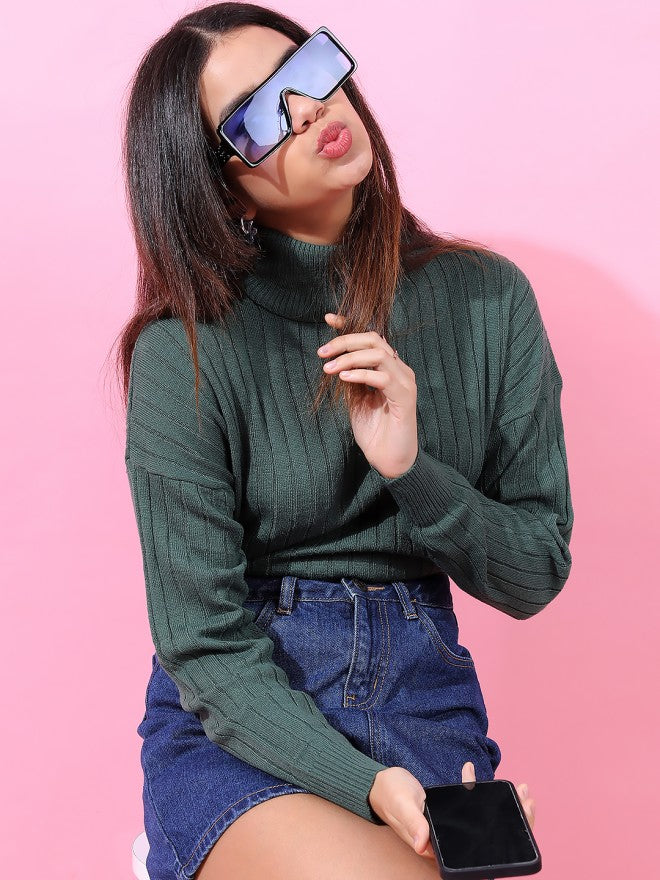 Tokyo Talkies Women Green Round Neck Sweater - Green - Image 4
