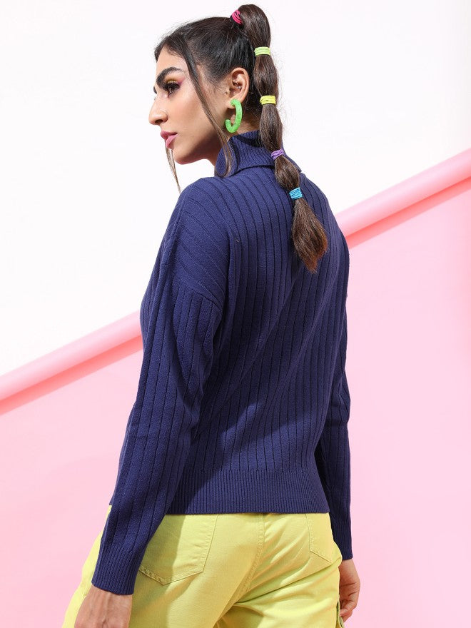 Tokyo Talkies Women Navy Blue Round Neck Sweater - Navy Blue - Image 2