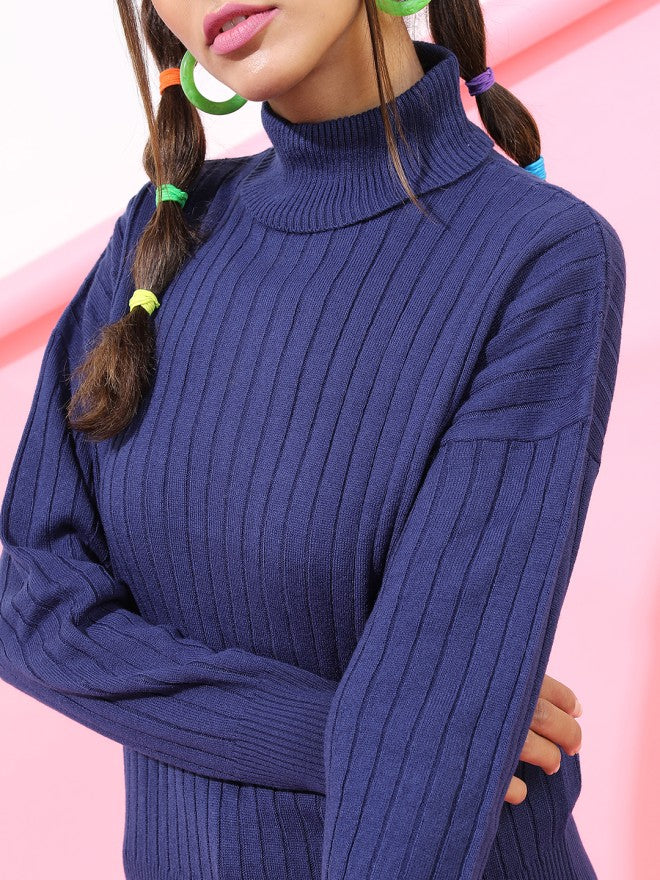 Tokyo Talkies Women Navy Blue Round Neck Sweater - Navy Blue - Image 4