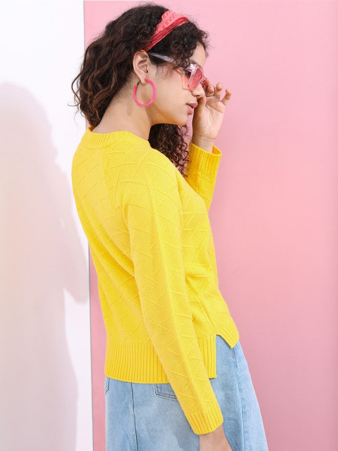 Tokyo Talkies Women Yellow Round Neck Sweater - Yellow - Image 2