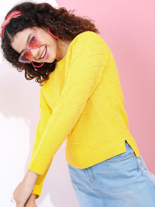 Tokyo Talkies Women Yellow Round Neck Sweater - Yellow - Image 3