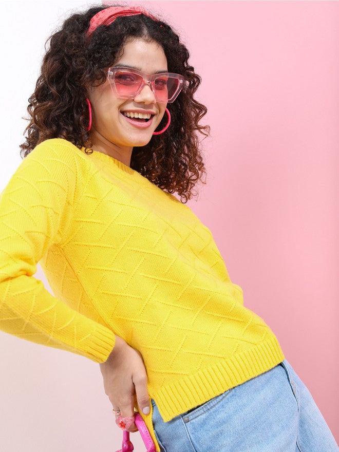 Tokyo Talkies Women Yellow Round Neck Sweater - Yellow - Image 4