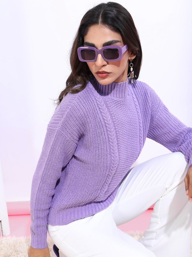 Tokyo Talkies Women Purple Round Neck Sweater - Purple - Image 4