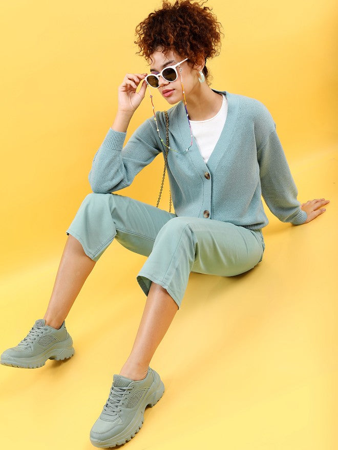 Tokyo Talkies Women Blue Lapel Collar Sweater - Blue - Image 1