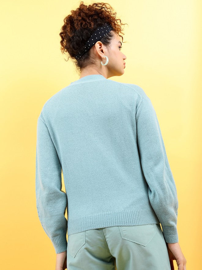 Tokyo Talkies Women Blue Lapel Collar Sweater - Blue - Image 2