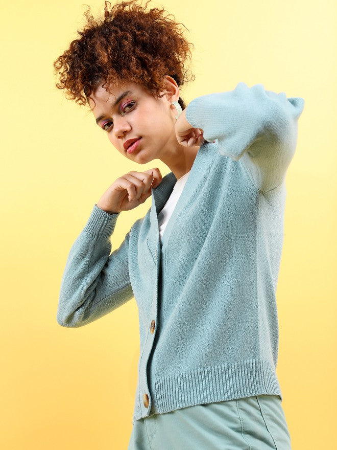 Tokyo Talkies Women Blue Lapel Collar Sweater - Blue - Image 3