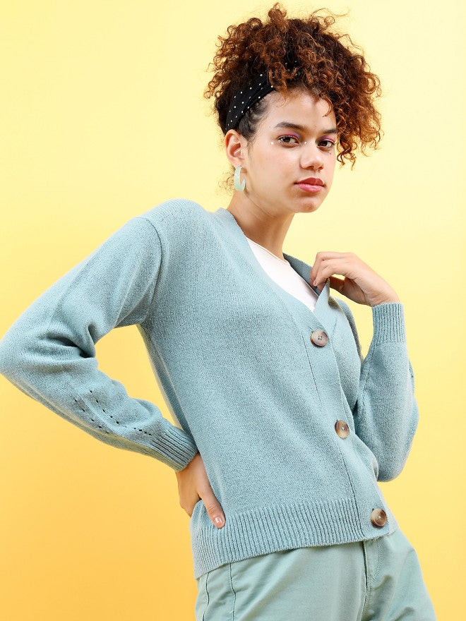 Tokyo Talkies Women Blue Lapel Collar Sweater - Blue - Image 4