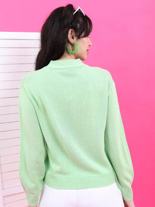 Tokyo Talkies Women Green Shawl Neck Sweater - Green - Image 2